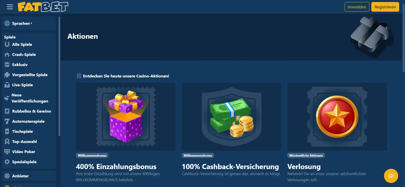 Ansicht des aktuellen FatBet-Promotionsbereichs mit sichtbaren Bonusaktionen