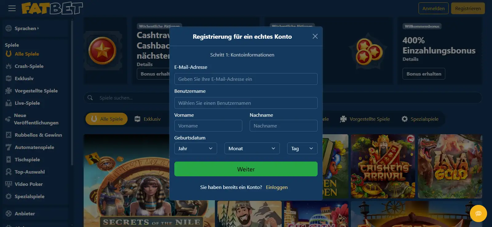 Aktuelles leeres FatBet Registrierungsformular ohne persönliche Nutzerdaten