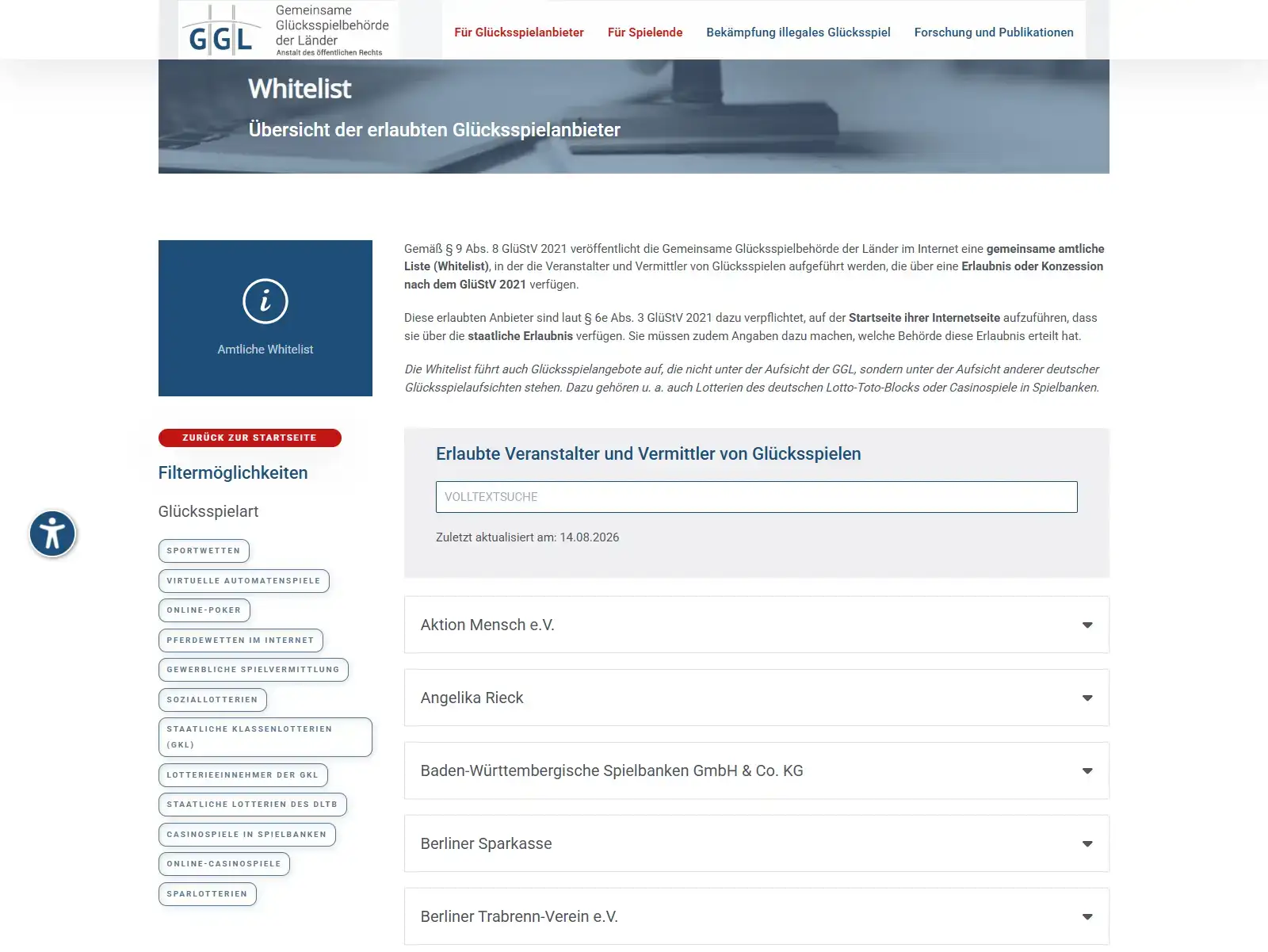 Ansicht der amtlichen GGL-Whitelist mit Suchfeld zur Prüfung erlaubter Glücksspielanbieter in Deutschland