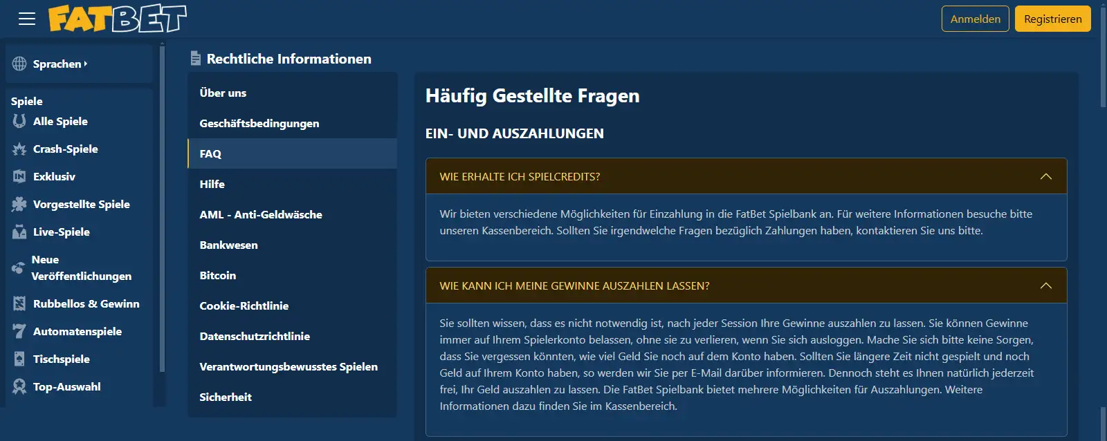 Aktuelle Ansicht der FatBet FAQ oder Kassiereransicht mit Zahlungsinformationen