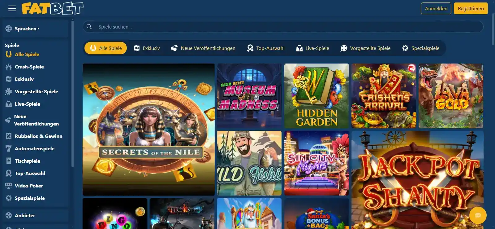 Aktuelle Ansicht der offiziellen FatBet-Homepage mit sichtbaren Spielbereichen und Promotionsbereich